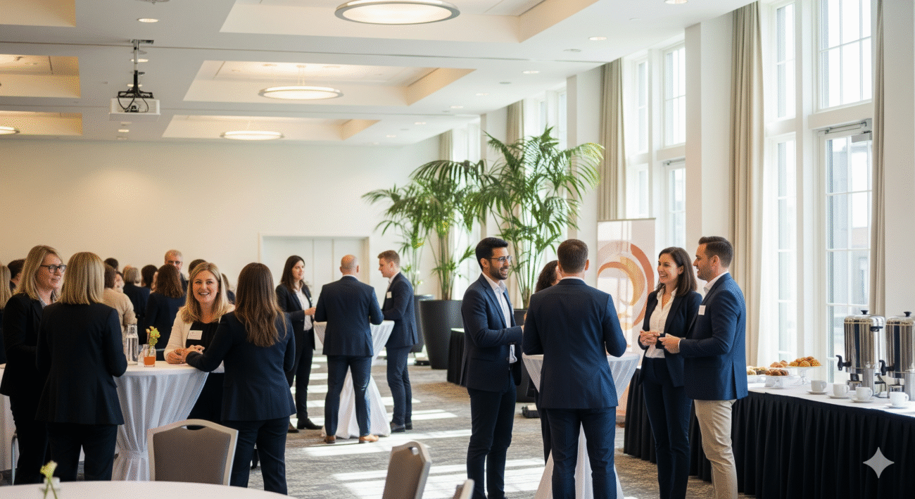 Professionals networking at an in-person business event
